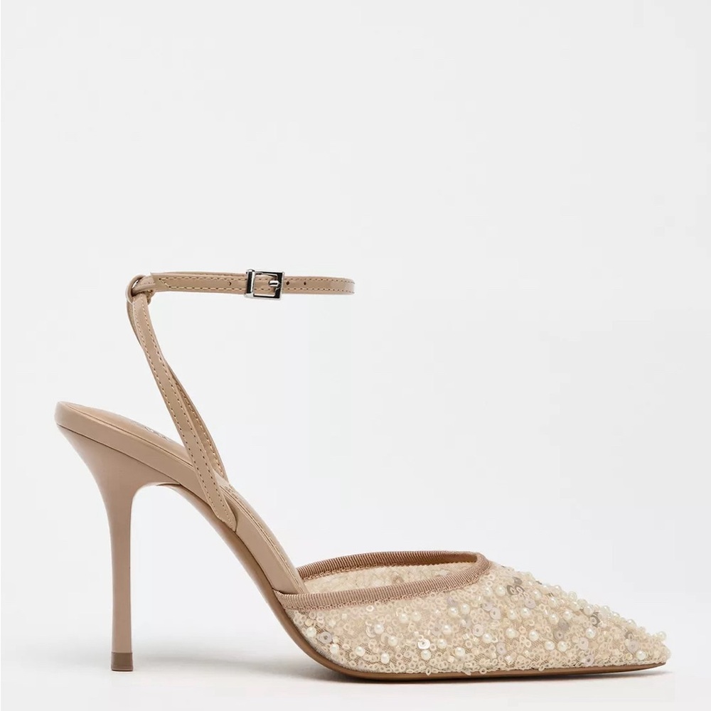 NEW Women Zara Glitter Mesh Slingback Heels 7.5 shoes Beige 2257/510 - Picture 2 of 6